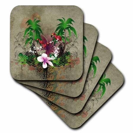 - 3dRose Tropical design with flowers and flamingo - Soft Coasters, set of 8