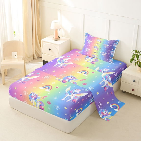 jejeloiu Kawaii Cartoon Unicorn Twin Sheet Sets,Abstract Rainbow Stripe Bedding For Girls Teens 3-Piece