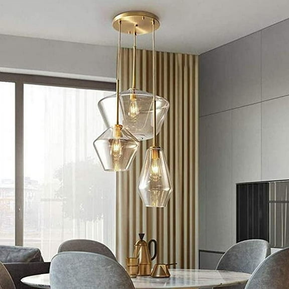 KPIBEST Modern Simple Glass Chandelier, Dining Room Gold Chandelier Ceiling Light Fixture with 3 Amber Glass Shades for Dining Room Living Room Kitchen Island