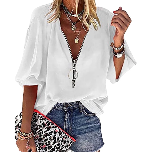 Blusa Con Media Cremallera Y Cuello En V Para Mujer, Manga Farol