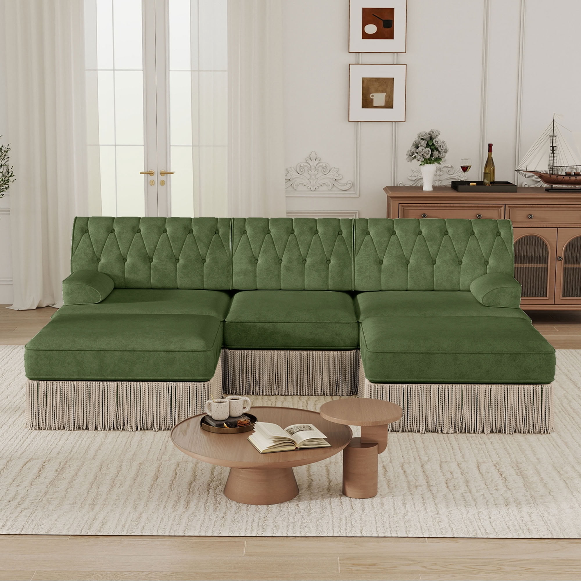 MAYEERTY U-Shape Chesterfield Modular Sofa, Tassel Sectional Couch with Double Ottomans for Living & Bedroom Home Decor