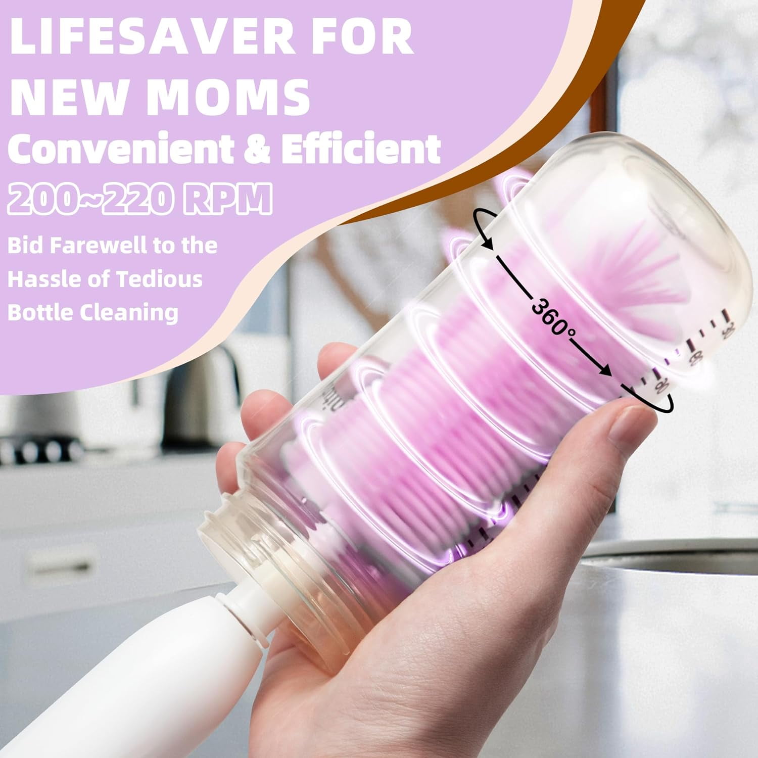 Electric Bottle Brush Cleaner, Rechargable Electric Baby Bottle Brush for Travel, Waterproof Electric Bottle Cleaner Set with Nipple & Straw Brush, Perfect Essentials Gift for Mom After Birth, Purple