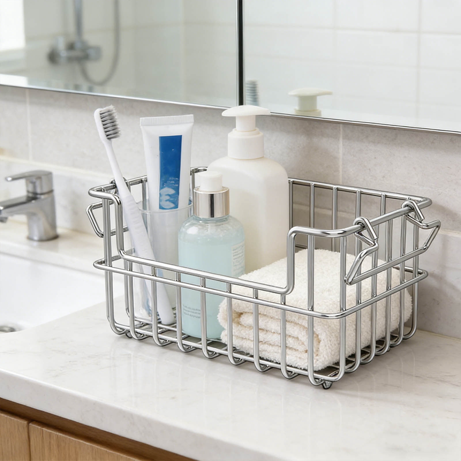 Cadancy Stainless Steel Storage Basket Stackable Wire Organizer Bin Rustproof Metal Container for Kitchen Cabinet Pantry Bathroom Countertop Dish Bowl Utensil Holder Home Organization