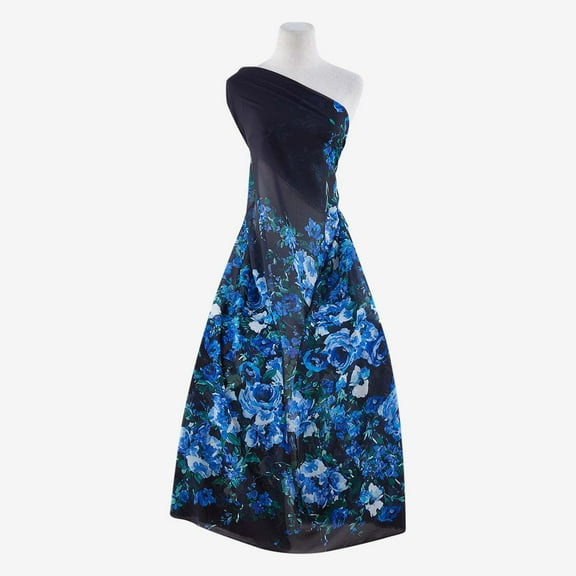 Zelouf Fresh Garden Roses Print Chiffon  , Sewing, DIY, Crafts Fabric by the Yard, Blue Combo, 3 Yard