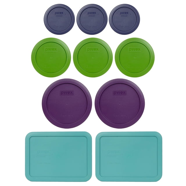 Paquete Pyrex - 10 Artículos: (3) Tapas Azul Oscuro 7202-Pc Y (3) Tapas Verde Césped 7200-Pc Y (2) Tapas Moradas 7201-Pc Y (2) Tapas Turquesas 7210-Pc Fabricadas En Los Ee. Uu.