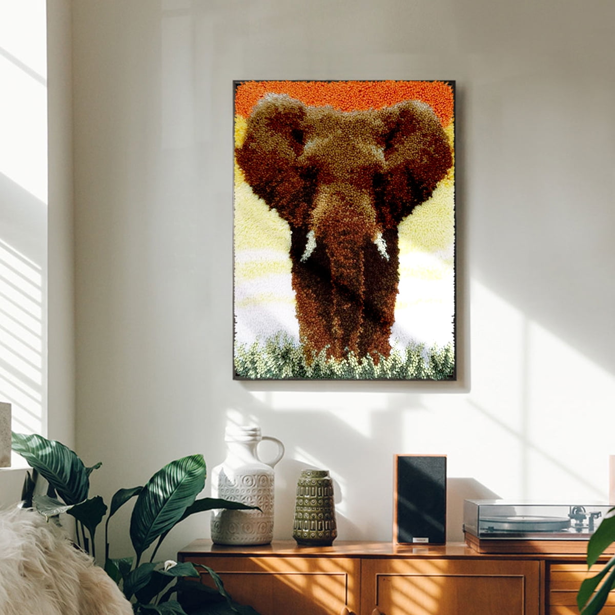 Latch hook rug kit,latch hook cushion kits,Deer And Elephants Latch Hook Rug Kit for Adults Crocheting Carpet Rug Yarn Sofa Cushion Mat Tapestry DIY Carpet Arts Crafts 50×38cm/20*15in
