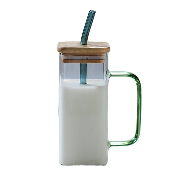 Oioii Glass Mug with Lid and Straw Iced Coffee Cup with Handle Square Drinking Glasses Tumbler Cups for Smoothie 400ml,C