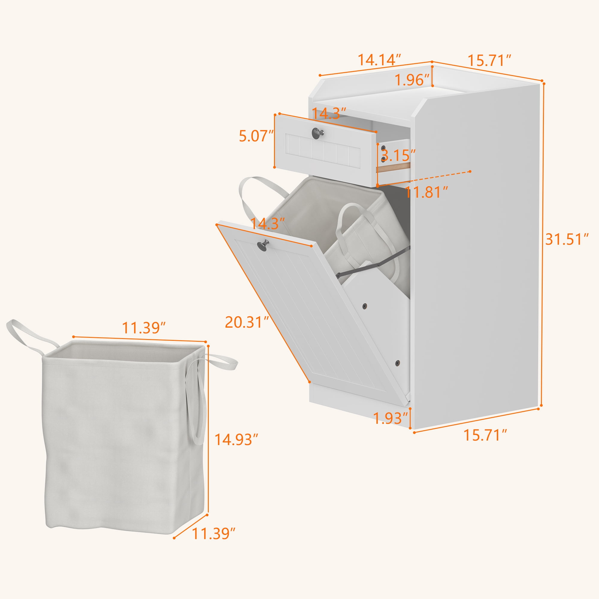 Bathroom Laundry Cabinet Tilted Cabinet with Drawer Storage Cabinet For Kitchen Trash Can Cabinet,White