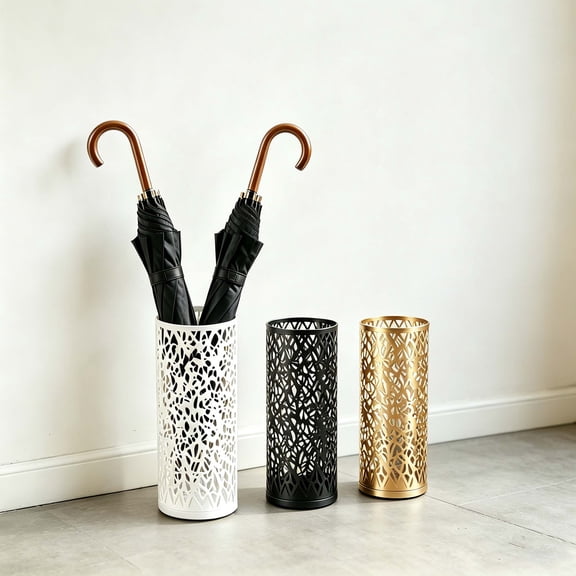 Hyknon Round Umbrella Stand Rack Free Standing Umbrella Holder Bin Decorative Hollowed Canes Walking Sticks Holder for Entryway Home Office Organization, Plstic, 5.9x13.8Inch