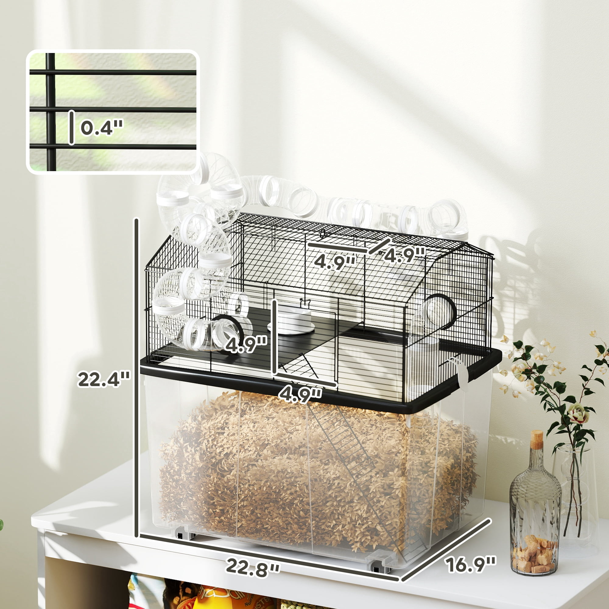 PawHut Hamster Cage with 12" Deep Tray, 2 Tier Gerbil Cage with Tube System, Water Bottle, Ramp, Feeding Bowl, 23" x 17" x 22", Black