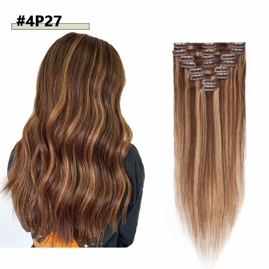 MY-LADY Clip in 100% Remy Human Hair Extensions 8Pcs Full Head Weft Highligh Hairpiece Balayage Blonde Long Straight