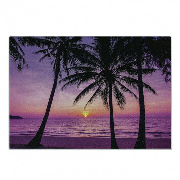 Ocean Cutting Board, Palm Trees Silhouette at Sunset Dreamy Dusk Warm Exotic Twilight Scenery Image, Decorative Tempered Glass Cutting and Serving Board, Small Size, Purple Black, by Ambesonne