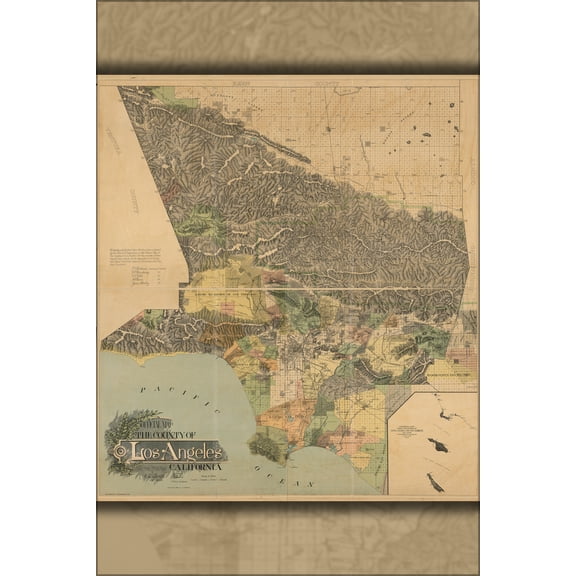 24"x36" Gallery Poster, map of the County of Los Angeles, California 1898