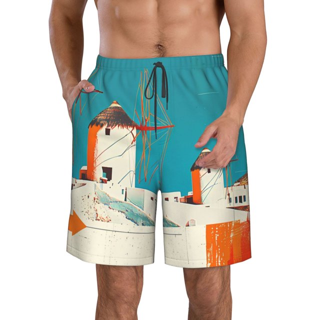Sikiie Colorful Greek Windmills Print Men's Beach Shorts, High Elastic Quick-drying Shorts - with Drawstring and Slip Pockets, Suitable for Beach, Sports, Vacation-3X-Large