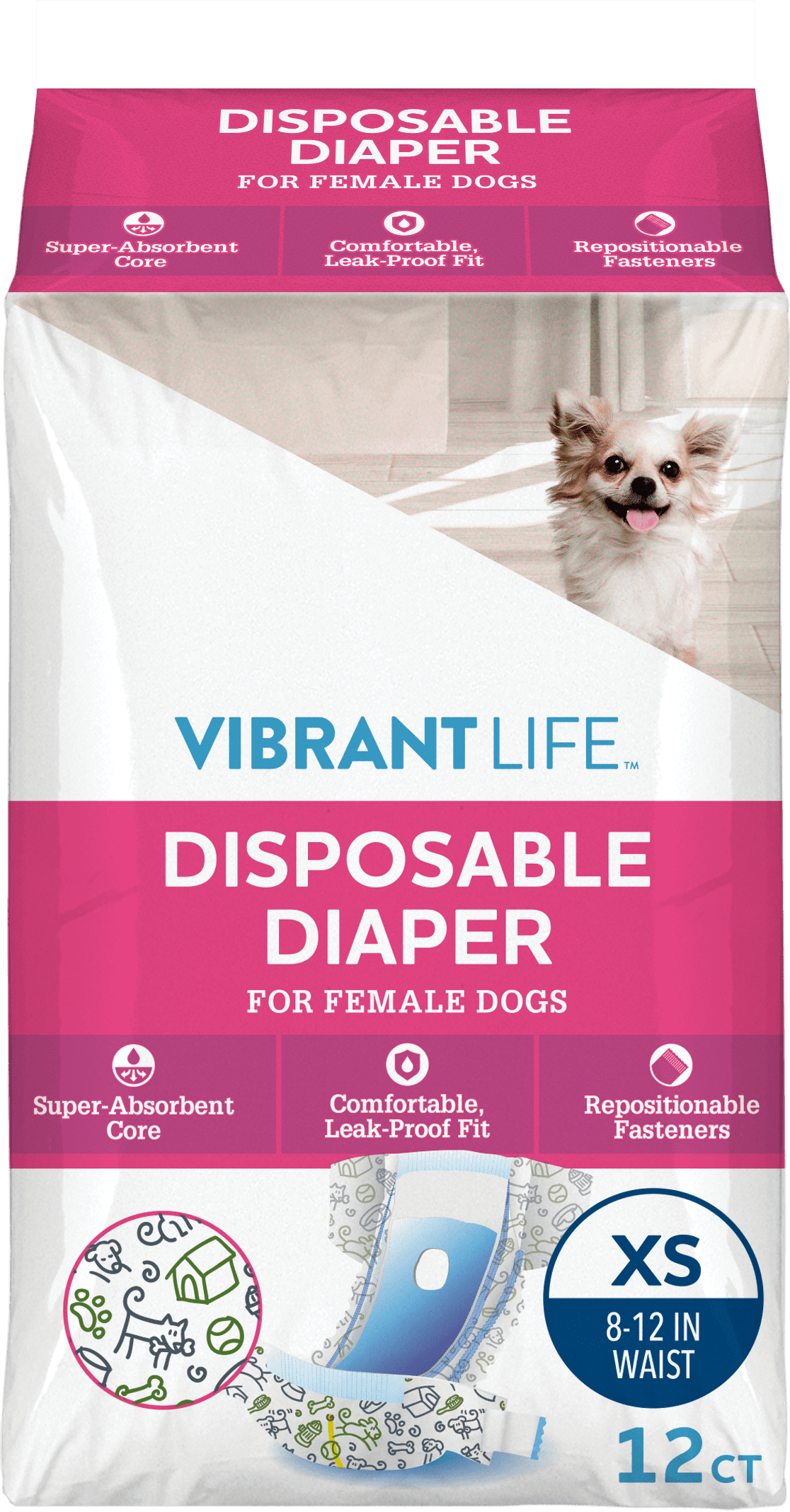 (4 pack) Vibrant Life Female Dog Diapers - XS