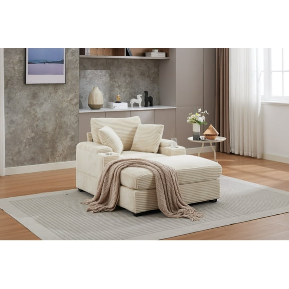 Chaise Lounge Chair Indoor Furniture, Corduroy Upholstered Chaise Lounge Sofa, Deep Seat Sofa with Handrail storage and Cupholders, Movable ottoman, Detachable Cushions for Living Room Bedroom,Beige