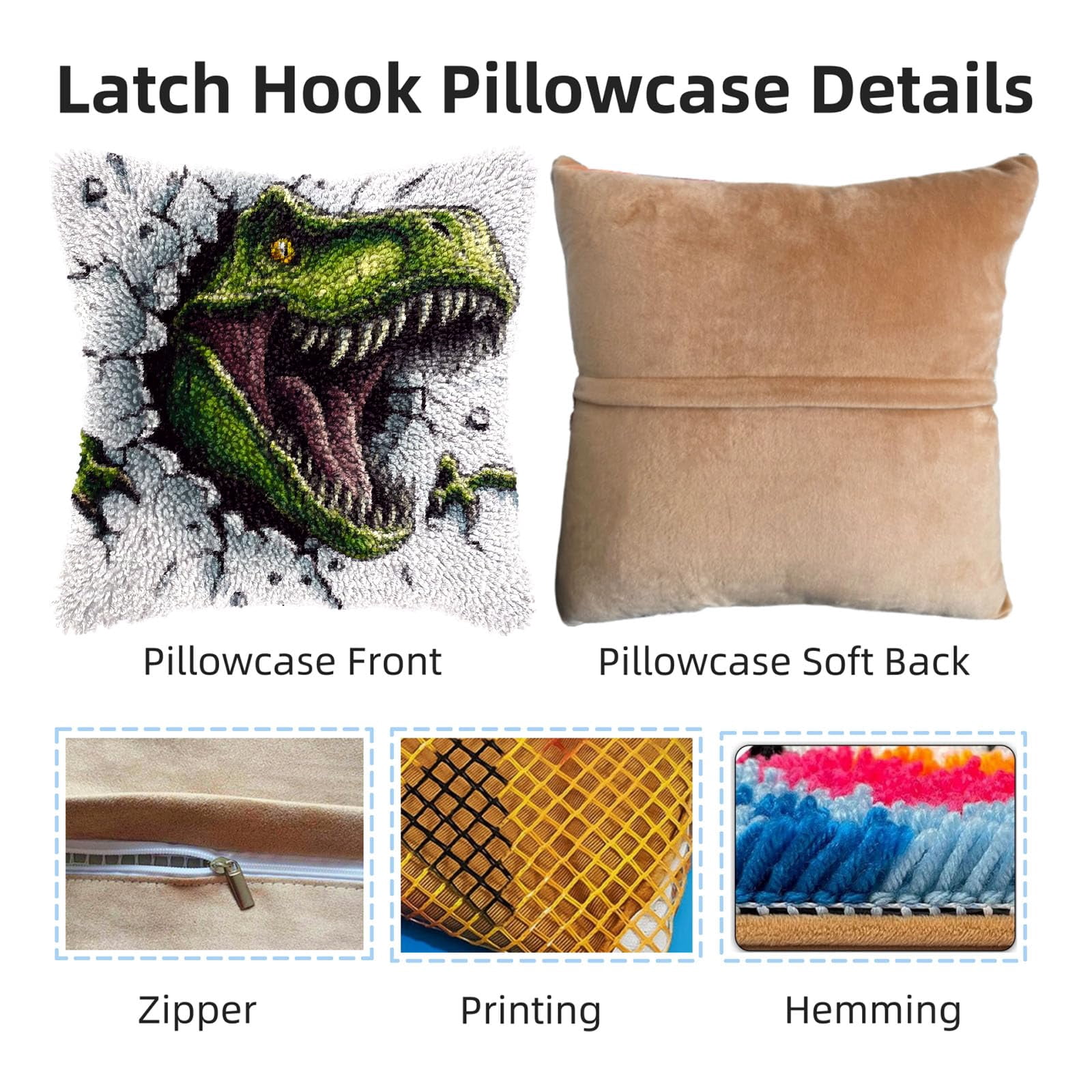 DIY Latch Hook Pillow Kits Green Dinosaur Printed Pillowcase Crochet Yarns Hooking Handmade Pillow Cover Cushion for Home Sofa Decoration 17x17inch-6