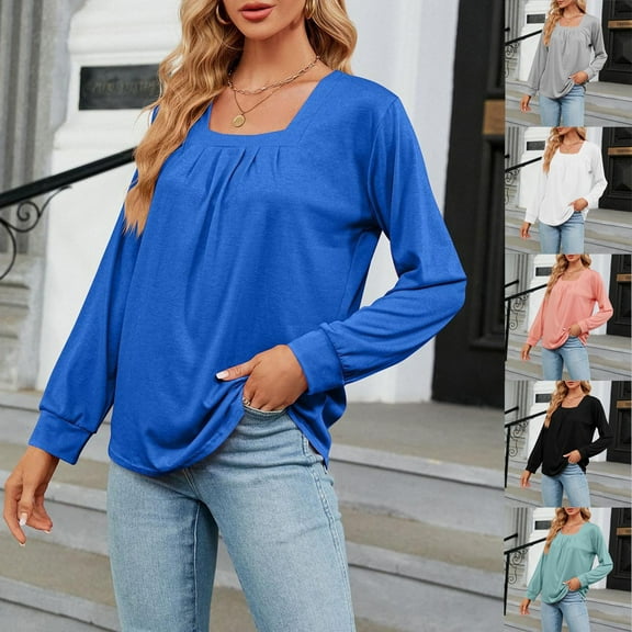 ATOYSOY Long Sleeve Tees Loose Shirts for Women Trendy Outwear Fall Square Neck Pleated Pullovers Casual Cotton Linen Solid Color Tops Black L