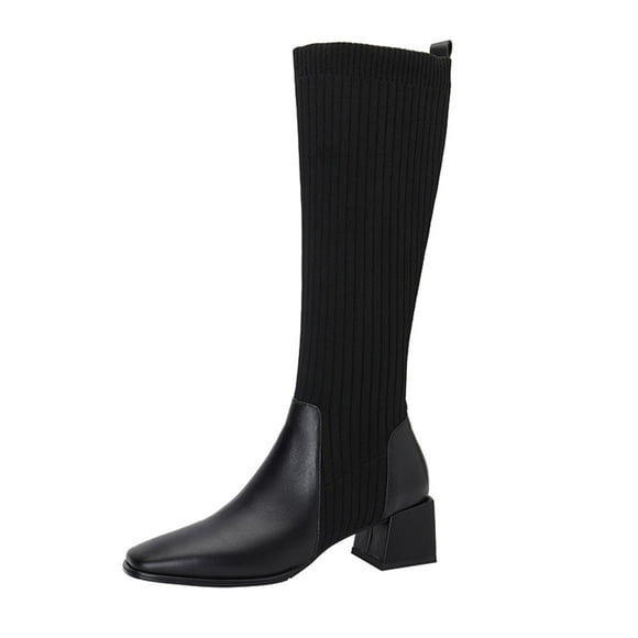 WEAIXIMIUNG Hiking Boots for Women Women Mid Calf Boots Autumn and Winter Fashion Stretch Knitted Leather Stitching Pure Color Comfortable Square Toe Square Heel