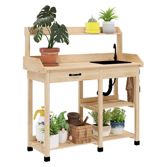 Potting Bench Table Outdoor, Garden Work Station with Sink, Wooden Plant Table with Drawer, Shelves & Hooks, Natural Wood Finish