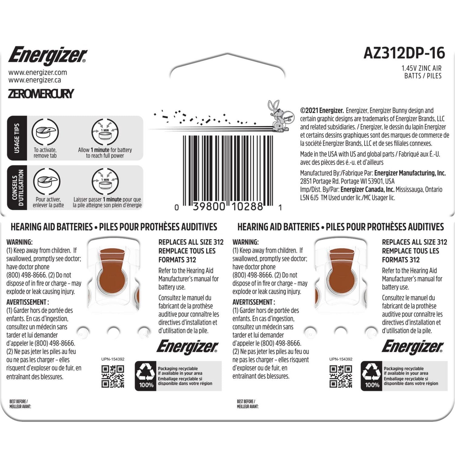Energizer Hearing Aid Batteries Size 312, Brown Tab, 16 Pack