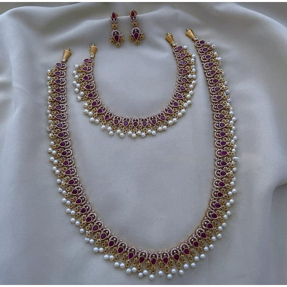 South Indian Bollywood Gold Plated AD CZ White, Ruby & Green Stone Flower Haaram Matte Finish Brass Pearl Short & Long Necklace 2-Combo Set with Matching Drop Earrings – Bridal & Party Wear Jewelry