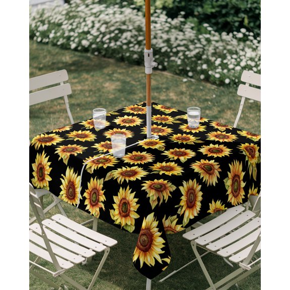Outdoor Tablecloth with Umbrella Hole, Farm Sunflowers on Black Background Zippered Table Cloth for Rectangle Tables, Country Floral Art Washable Waterproof Tablecloths for Picnic Patio Garden