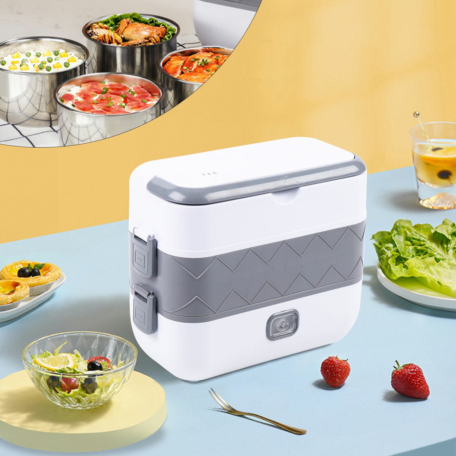 Portable 2 Layer Electric Lunch Box Stainless Steel Steamer Pot Rice Cooker Heat