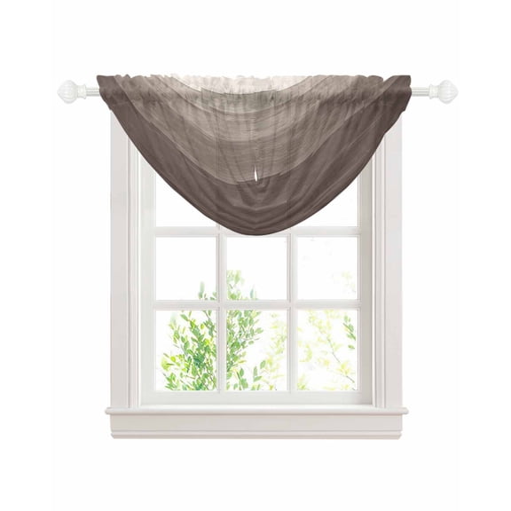 Brown Beige Ombre Sheer Waterfall Valance Curtains for Window, Farmhouse Vintage Wooden Striped Rod Pocket Sheer Topper Swag Curtains for Living Room, Kitchen 38.5"W x 47.2"L, 1 Panel