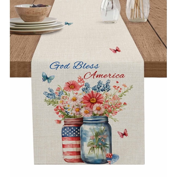 4th of July Table Runner 70 Inches, Independence Day Spring Floral Butterfly Rustic Bed Runner Dresser Scarves Tabletop for Indoor Outdoor Parties/Ceremony/Banquet, 13" x 70"