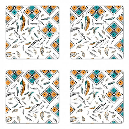 

Boho Coaster Set of 4 Tribal Bohemian Bird Feather Patterns with Geometric Square Vintage Motifs Square Hardboard Gloss Coasters Standard Size Teal Orange Black by Ambesonne