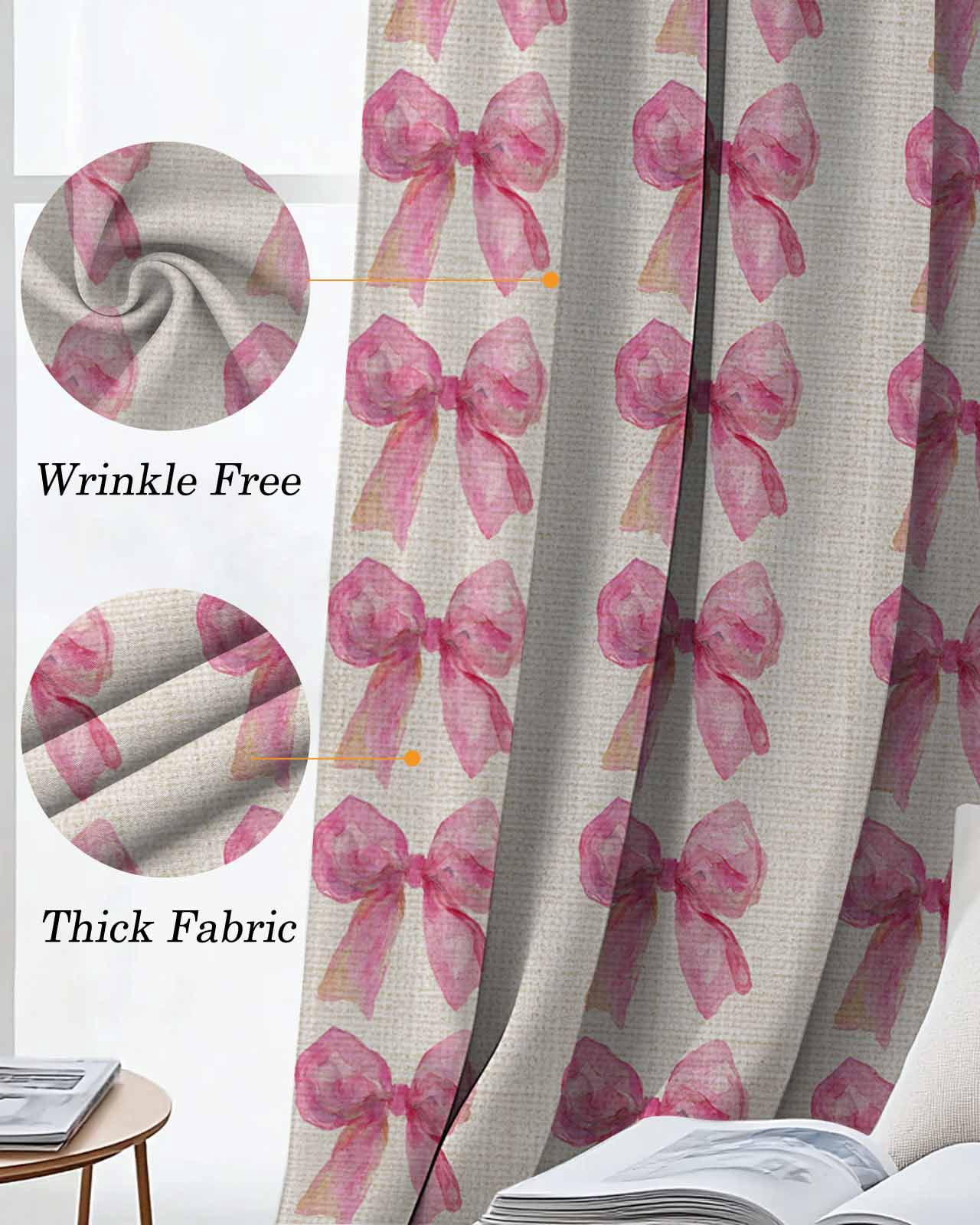 Pink Bow Blackout Curtains 72 Inch Length Vintage Spring Retro Bow Plaid Linen Texture Farm Thermal Insulated Window Curtain Window Drapes 2 Panels for Bedroom Living Room 52"Wx72"L