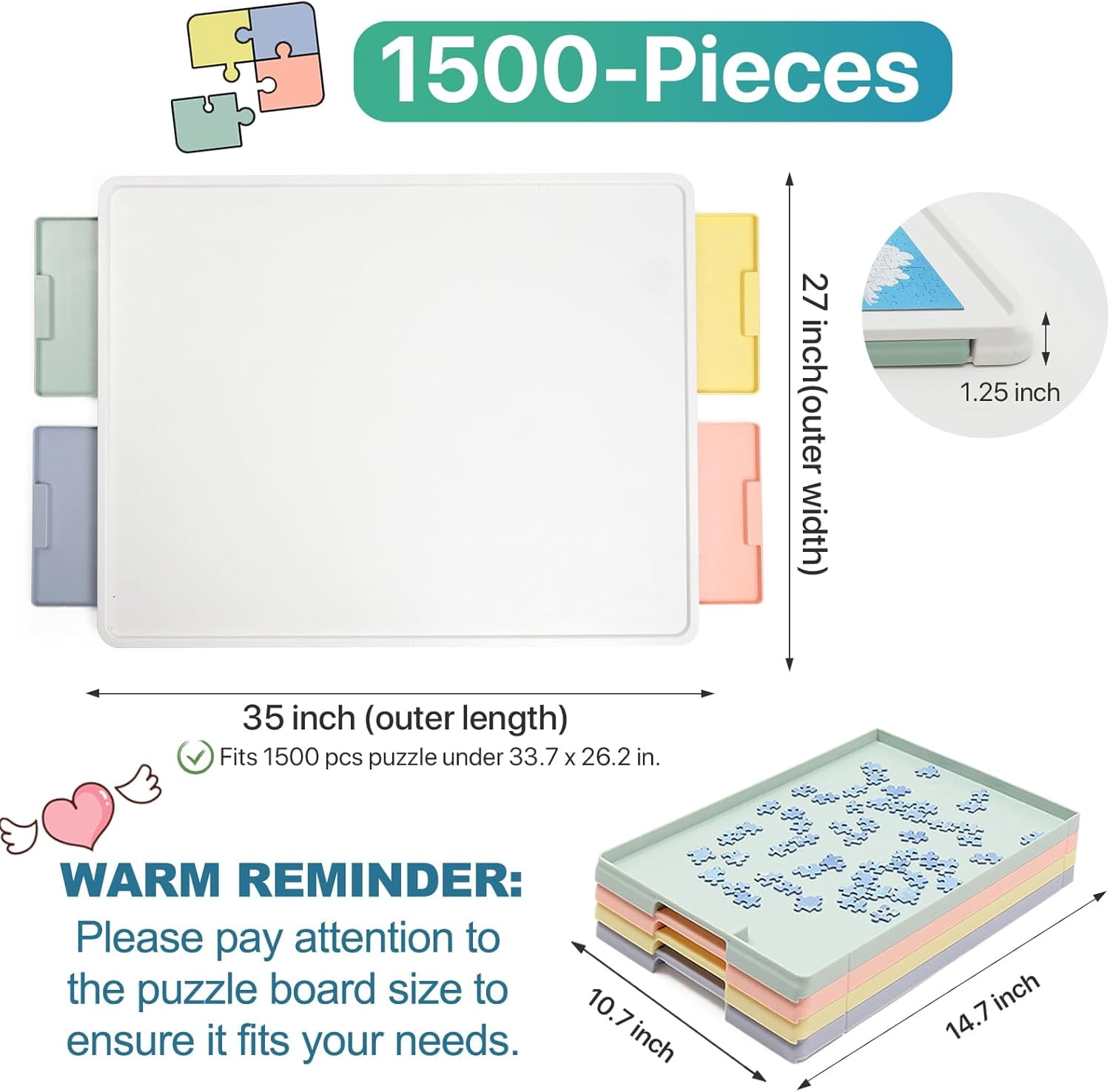 1500 Pieces Rotating Plastic Puzzle Board with Multicolor Drawers and Cover, 35"x27" Portable Spinning Jigsaw Puzzle Table for Adults, Upgraded Lazy Susan, Ideal Gift for Mum