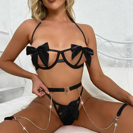 

DENGDENG Womens Lingerie Sexy 3 Piece Halter Bowknot Babydoll Strappy Lingerie Set with Garter