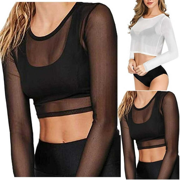 ATOYSOY Women's Solid Color Pullover Long Sleeve Tees Fall Winter Casual Shirts Hollow Out Outwear Fashion Sheer Mesh Cropped Tops Round Neck Sweatshirts Black L