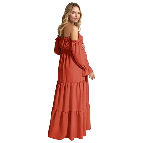 Unir Women's Maternity 450g Stretch Spandex Gown, Off-The-Shoulder Ruffle Sleeve Tiered Maxi Dress, Flowy Boho Pregnancy Photography & Formal Long Dress, 1pc, S/M/L/XL/XXL