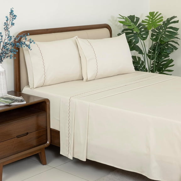 Dreamology 4 Pieces Sheet Set Queen, 100% Cotton Embroidered, Includes 1 Fitted Sheet,1 Flat Sheet & 2 Pillowcases