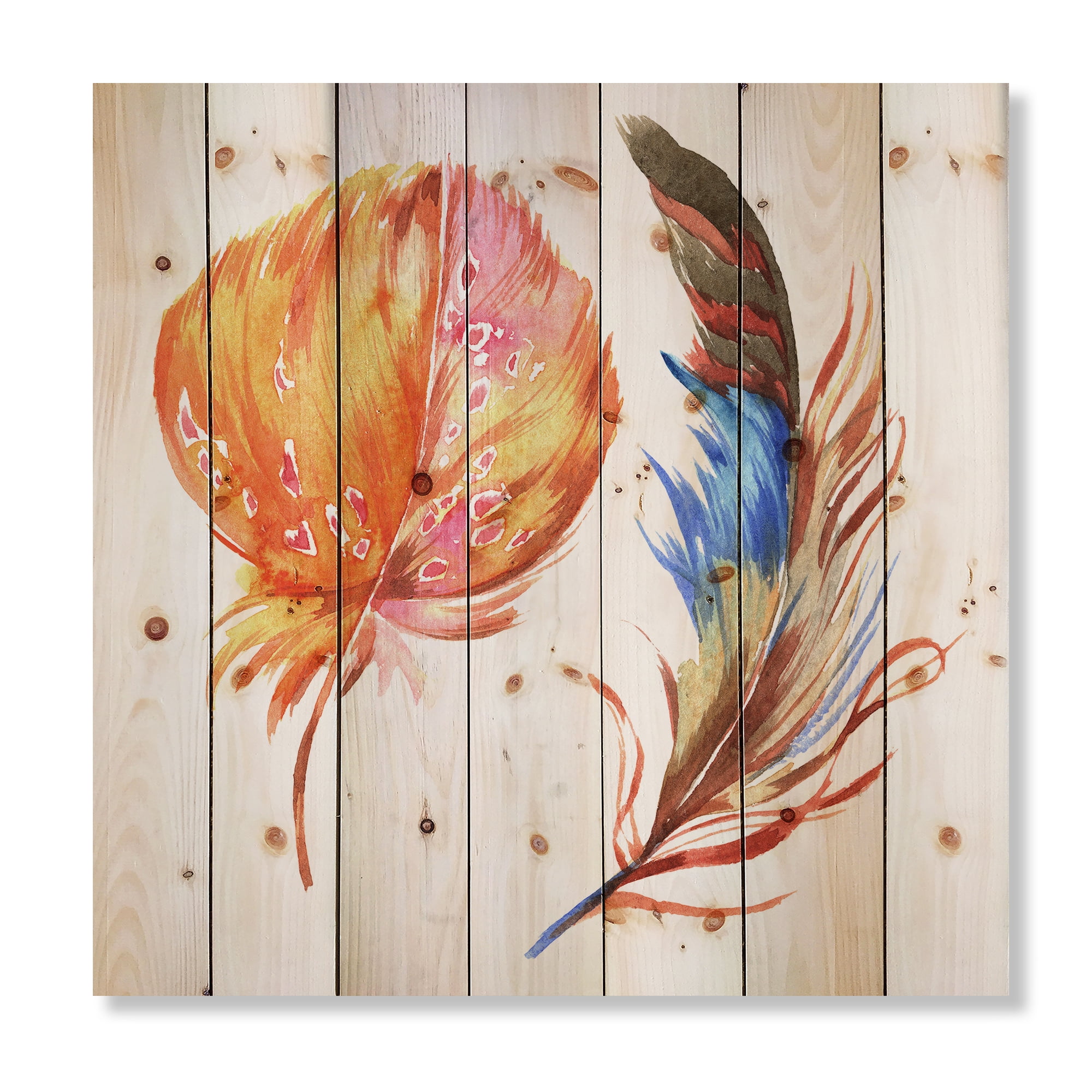 Designart 'Ethnic Brown and Colorful Feather ' Bohemian & Eclectic Print on Natural Pine Wood