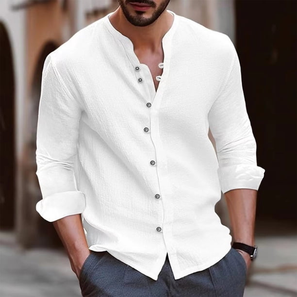 Blusas y camisas de manga larga con cuello redondo para hombre, blusa informal de moda lisa con cuello redondo y botones, blusa de manga larga para hombre.