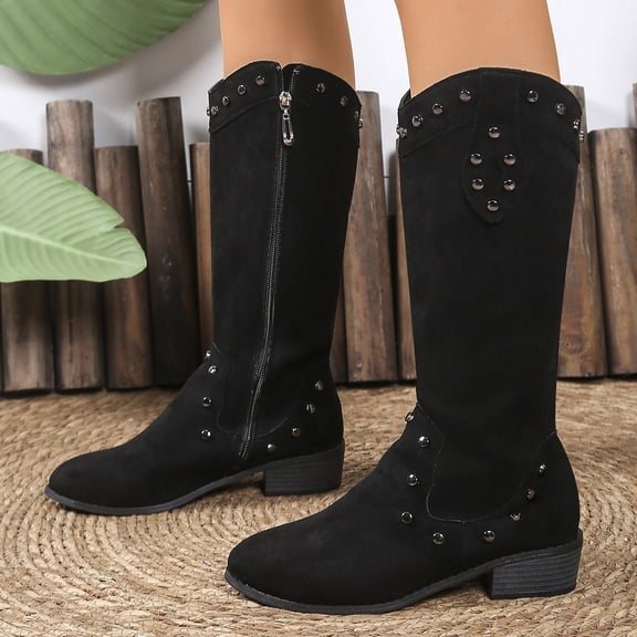 Fnooota Women's Knee High Boots, Block Heel Pointed Toe Side Zipper Non Slip Fall Winter Shoes Black Size 9