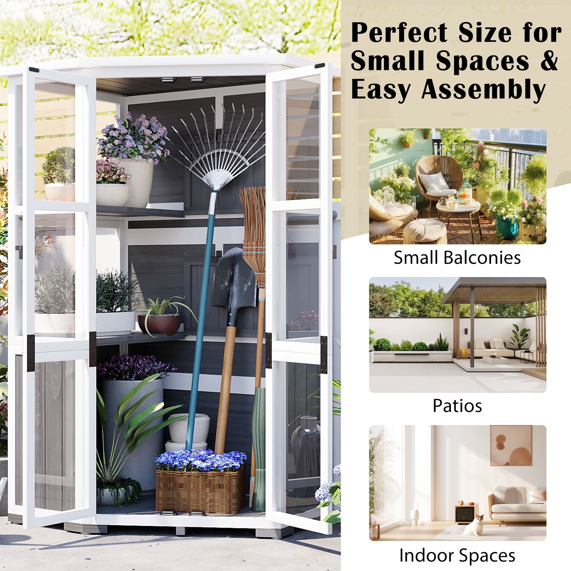 MAYEERTY 63'' Garden Wood Storage Cabinet – Outdoor Tool Shed & Mini Greenhouse with Lockable Door, Waterproof Roof, and Adjustable Shelves
