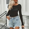 thumbnail image 4 of RYRJJ Womens Sheer Mesh Long Sleeve Cropped Tops Crew Neck See Through Tee Shirts Party Club Night Lace Blouse(Black,M), 4 of 6