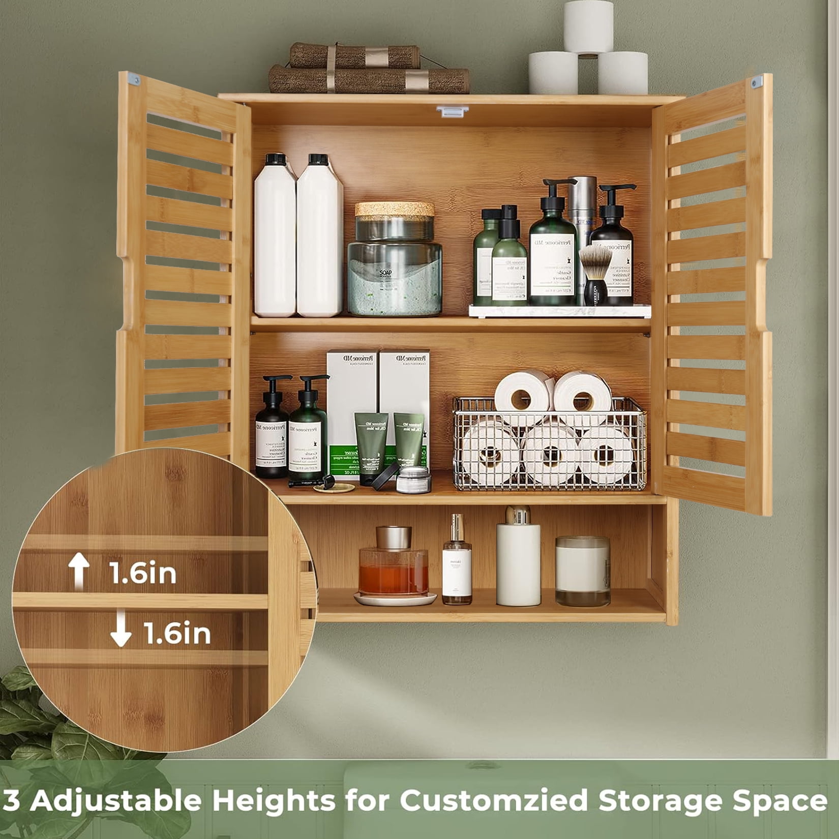 LUVODI Bamboo Bathroom Wall Cabinet Wall Mount Medicine Cabinet Storage Organizer with 3 Tier Adjustable Shelf