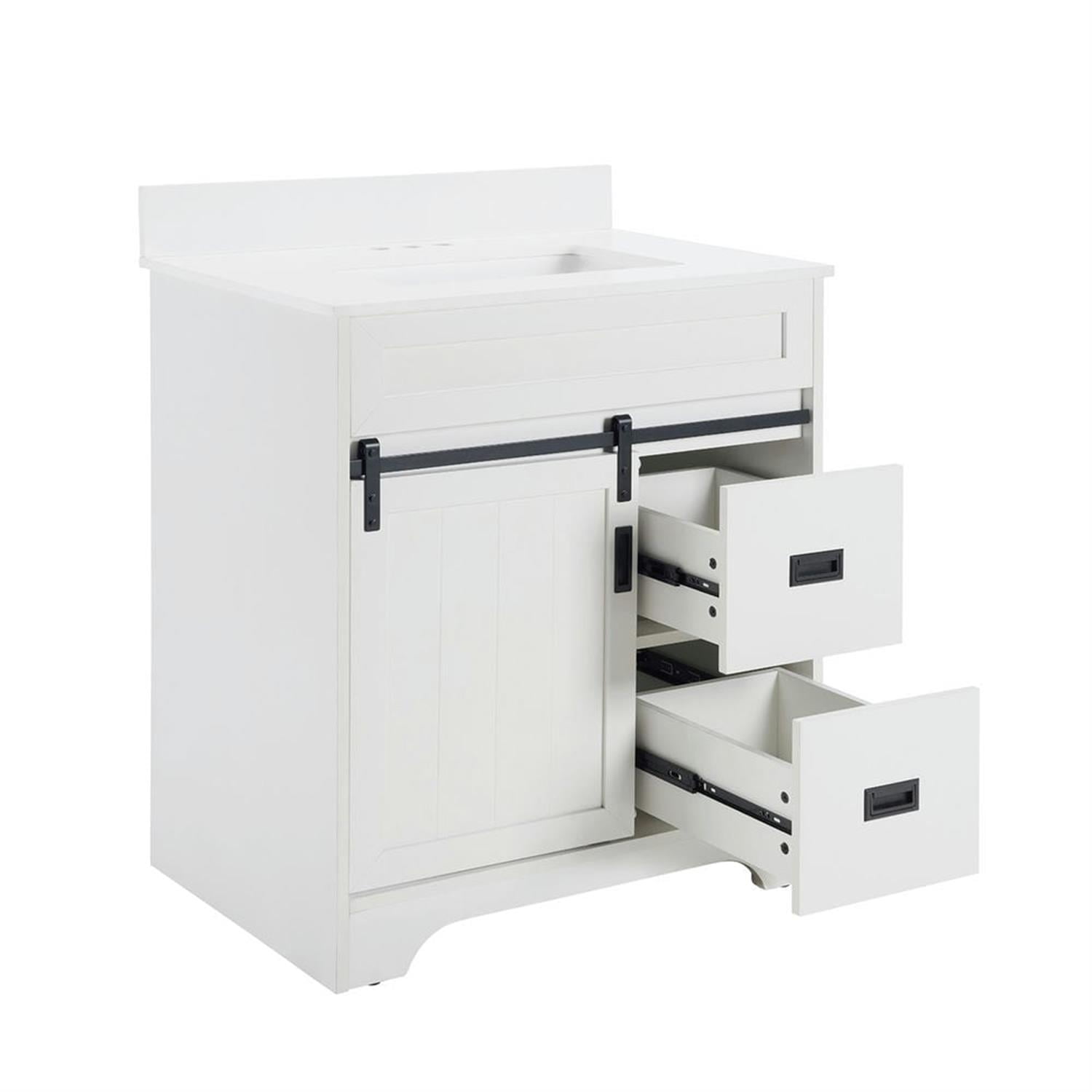 Demi Bonn 30" Freestanding Bathroom Vanity with Single Sink Combo, Farmhouse Undermount Bathroom Vanities Cabinet with Sliding Barn Doors and 2 Drawers, White