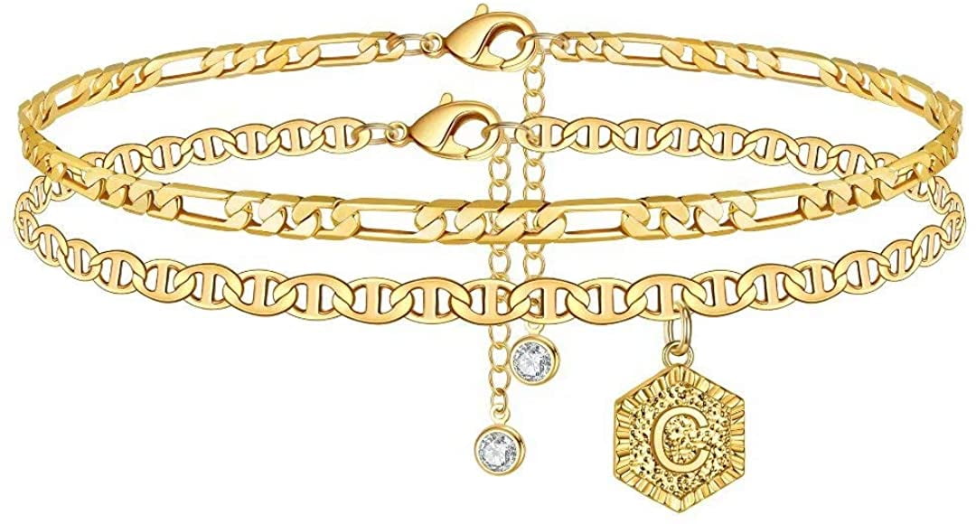 Initial Ankle Bracelets for Women, 14K Gold Plated Double Layered Initial Anklets Jewelry for Women Teen Girls