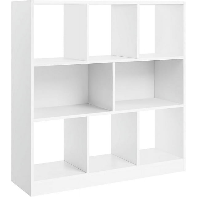 VASAGLE Bookcase, Bookshelf, Freestanding Storage Unit with 8 open compartments in a white finish. Designed for versatile use, it can be positioned horizontally, vertically, or upside down. Dimensions are 11 x 35.4 x 39.4 inches, suitable for living rooms, studies, or offices. Made of particleboard, it offers reliable support with a maximum static weight capacity of 33 lb per slot and 110 lb on the top board. Includes an anti-tipping device for added safety.