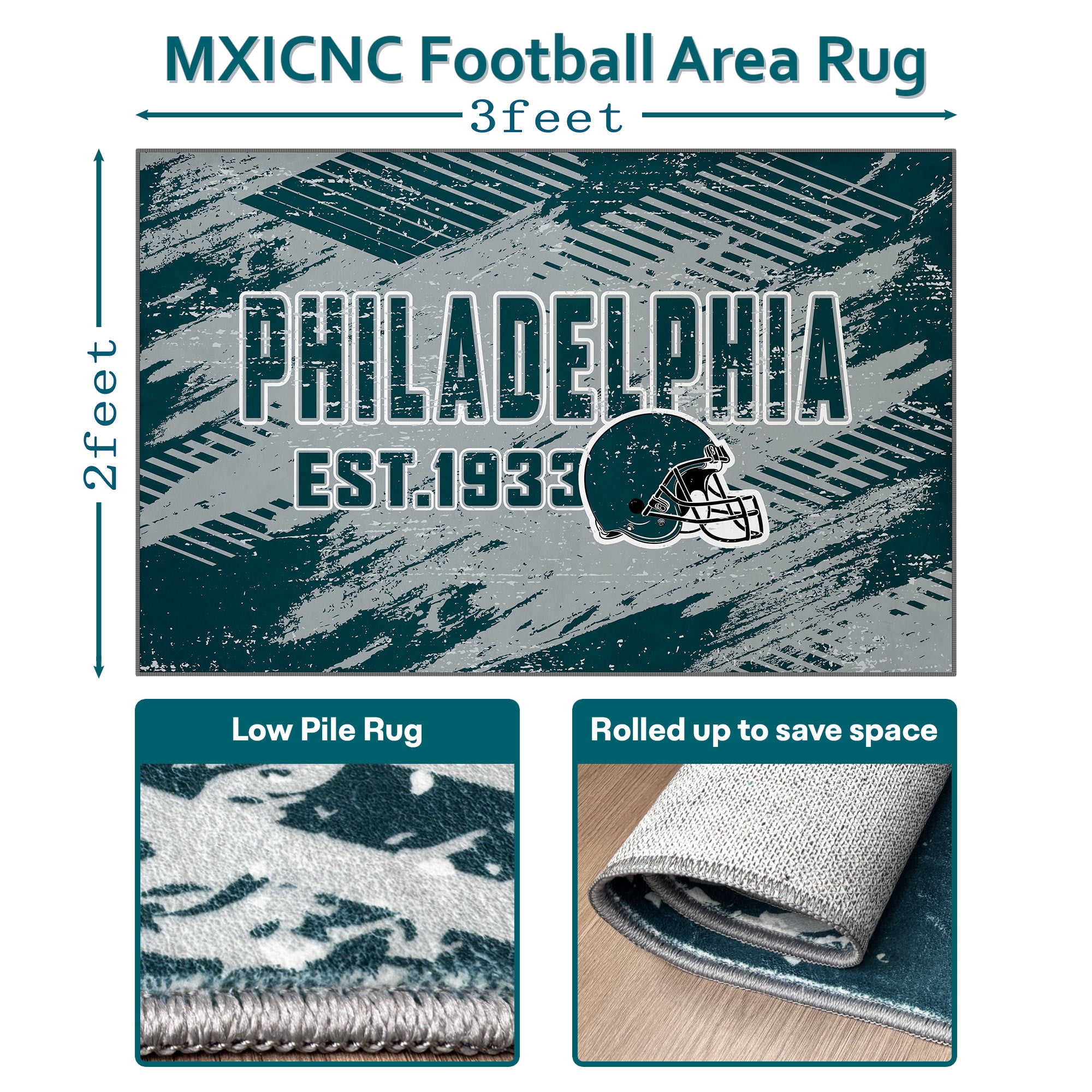 Philadelphia Football Rugs 2x3 Bedroom Living Room Football Carpet Non-Slip Machine Washable Area Rug for Boys and Man Cave Decor