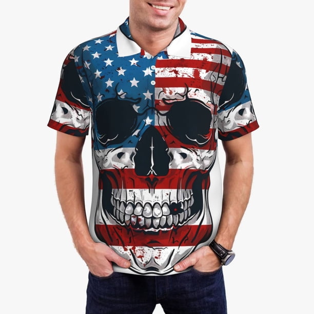 Fotbe American Flag Skull Camiseta Polo de Golf para Hombre con Estampado – Camisa Deportiva Transpirable con Cuello Abotonado-Medium