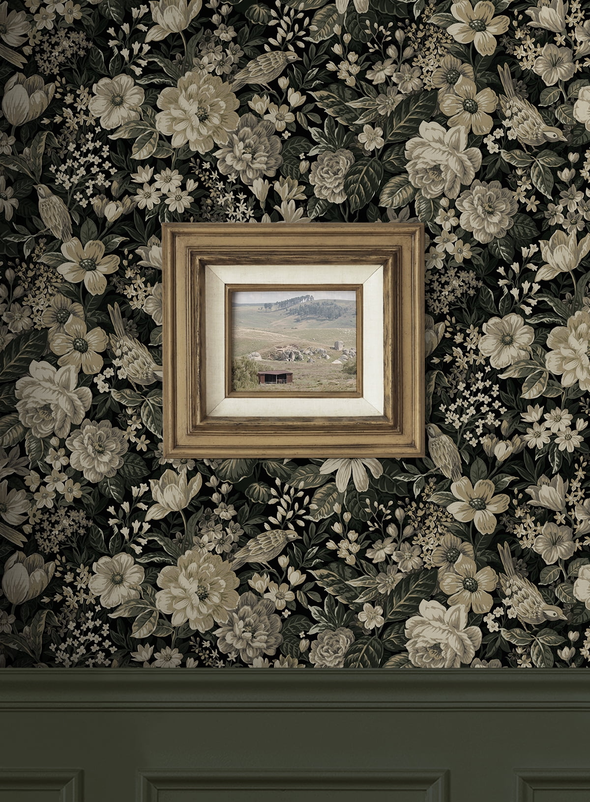 NextWall Ebony & Pale Fern Vintage Bird Garden Peel and Stick Wallpaper - 20.5 in. W x 18 ft. L Roll