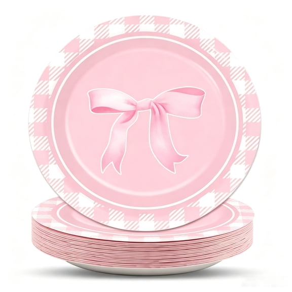 50 Pcs Pink Watercolor Bow Scalloped Paper Plates 17.8cm - Disposable Party Dessert Plates for Bridal Showers, Wedding Parties & Afternoon Tea